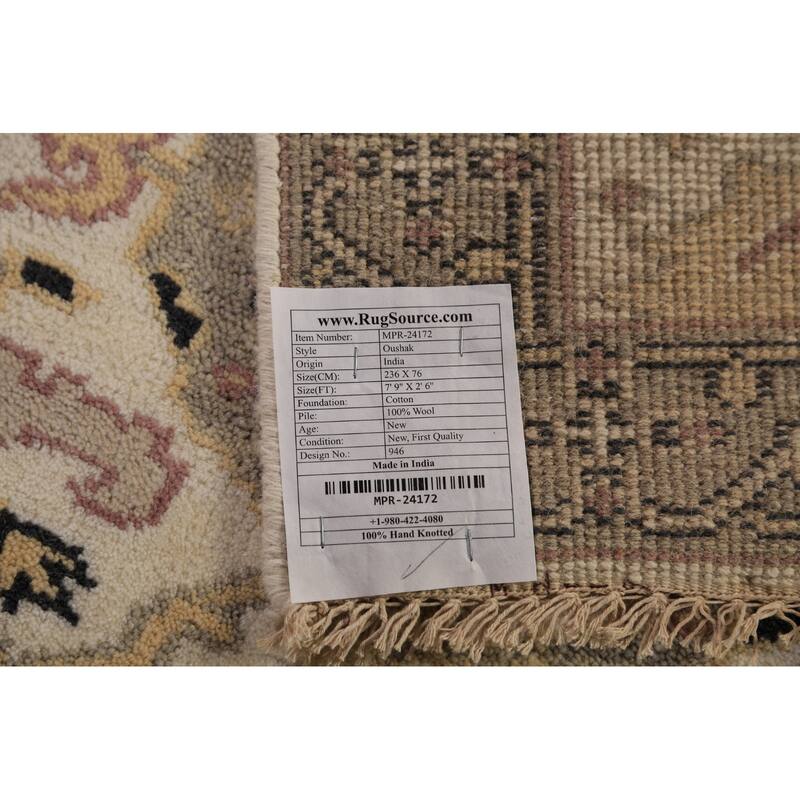 All-Over Ivory Oushak Indian Runner Rug Handmade Wool Carpet - 2'6"x 7'9"