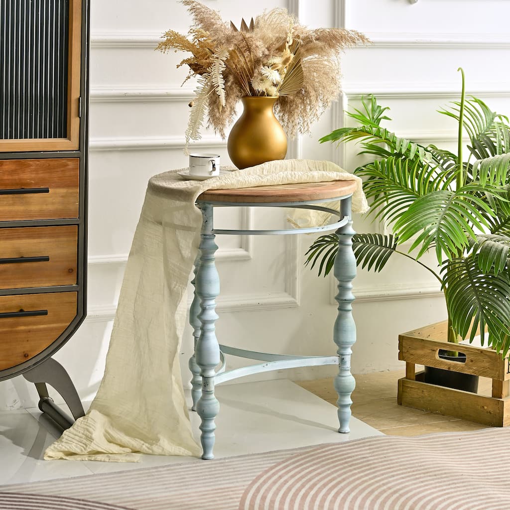 Easy Assembly 20.08" Accent Rustic Wooden Carved Coffee Table, Round Wooden Top Metal Leg Round End Table For Living Room