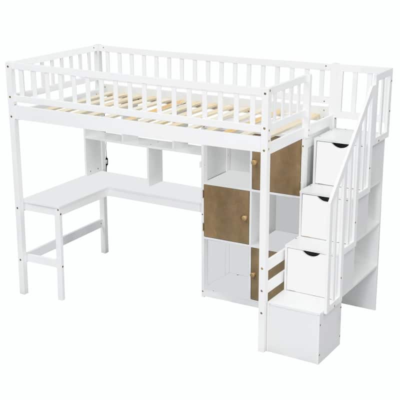 Wooden Twin Loft Bed with Built-in Desk, LED Lights, Storage Shelves, Cabinets & Staircase