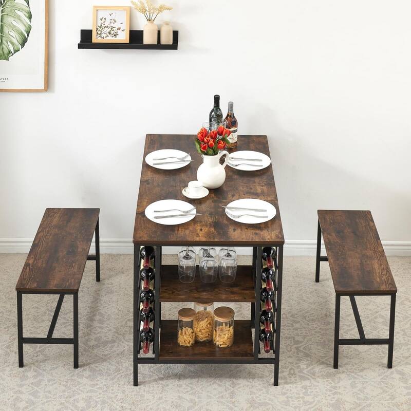 Kitchen Table with 2 Benches for 4 - Brown_Set of 4 - Brown_Set of 4