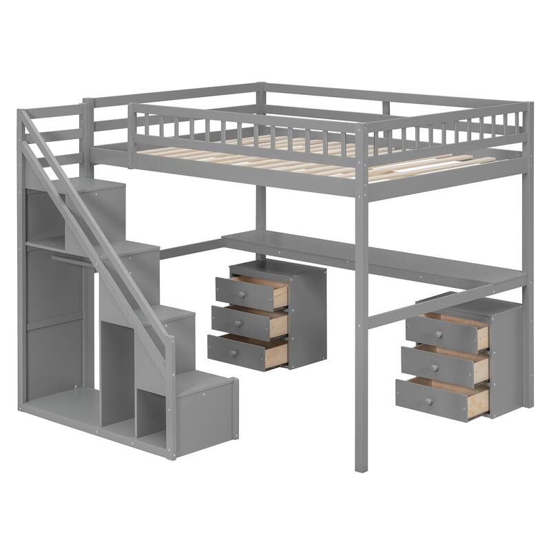Roomfitters Twin/Full Size Loft Bed with Desk, Two Chests of Storage Drawers and Lighting