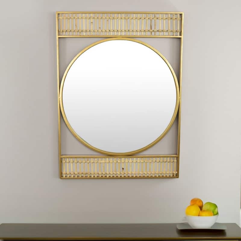 Zine Wall Mirror Decor, Round Glass, Woven Border, 19 x 27 Gold Metal