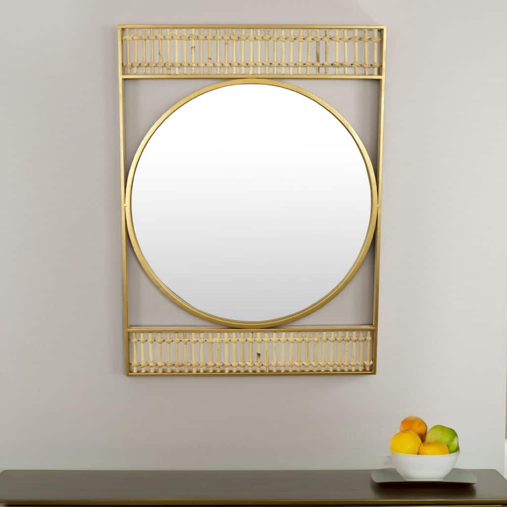 Zine Wall Mirror Decor, Round Glass, Woven Border, 19 x 27 Gold Metal