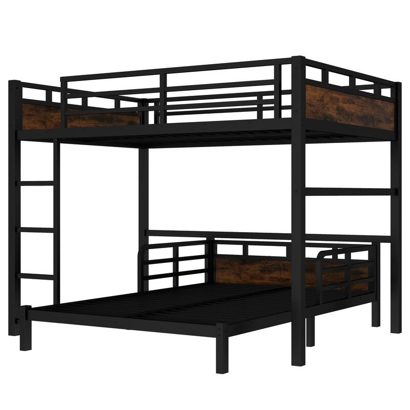 Roomfitters Twin/Full/Queen Metal Bunk Bed & Loft Bed with Raised Safety Fence, Convertible Platform Design, Vintage Wood