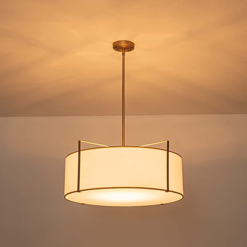 Mid-Century 4-Light White Fabric Drum Lantern Chandelier Ambient Light