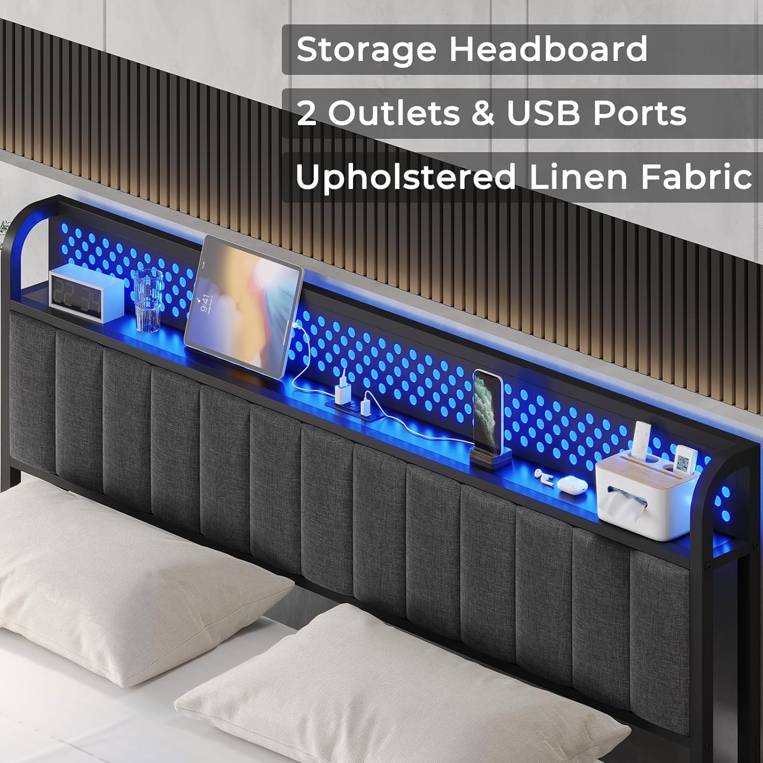 Bed Frame with LED Lights Headboard Platform Bed Charging Station