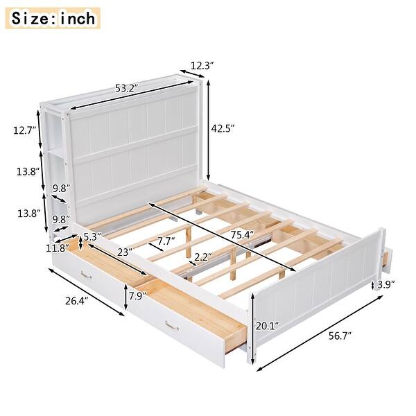 Full Platform Bed Solid Wood Storage Bed with Large Storage Space, Headboard with Storage Shelf, Footboard and 4 Drawers