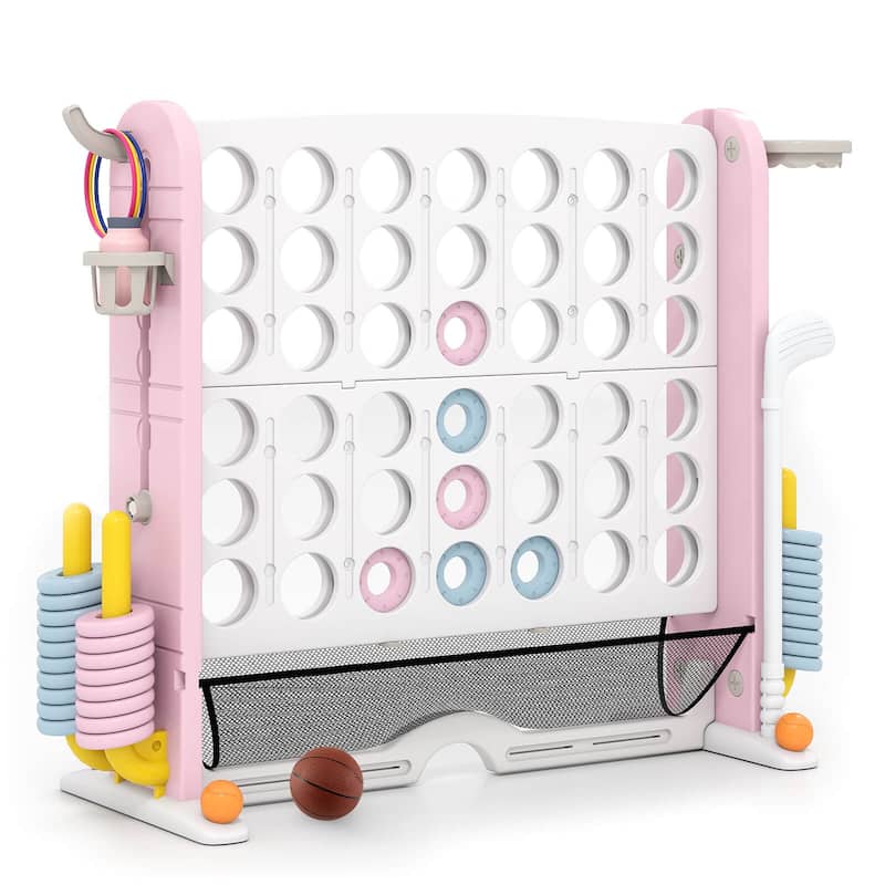 Costway Giant 4-in-a-Row Game Set with Ring-toss, Basketball Hoop, - See Details - Pink+White