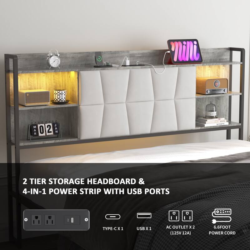 Queen Size Platform Bed with LED Light and Upholstered Headboard