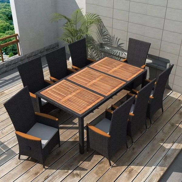 Vidaxl Outdoor Dining Set 17 Piece Poly Rattan Black Wicker Vidaxl Outdoor Dining Set 17 Piece Poly Rattan Black Wicker Wood Top Table