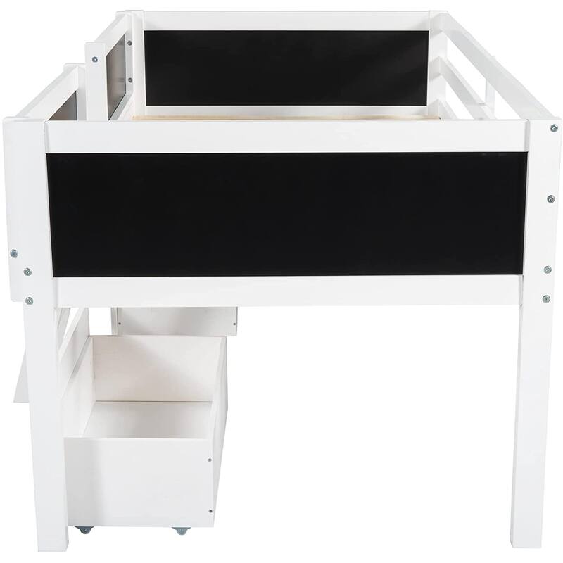 Twin Size Wood Loft Bed with 2 Storage Drawers & Chalkboard