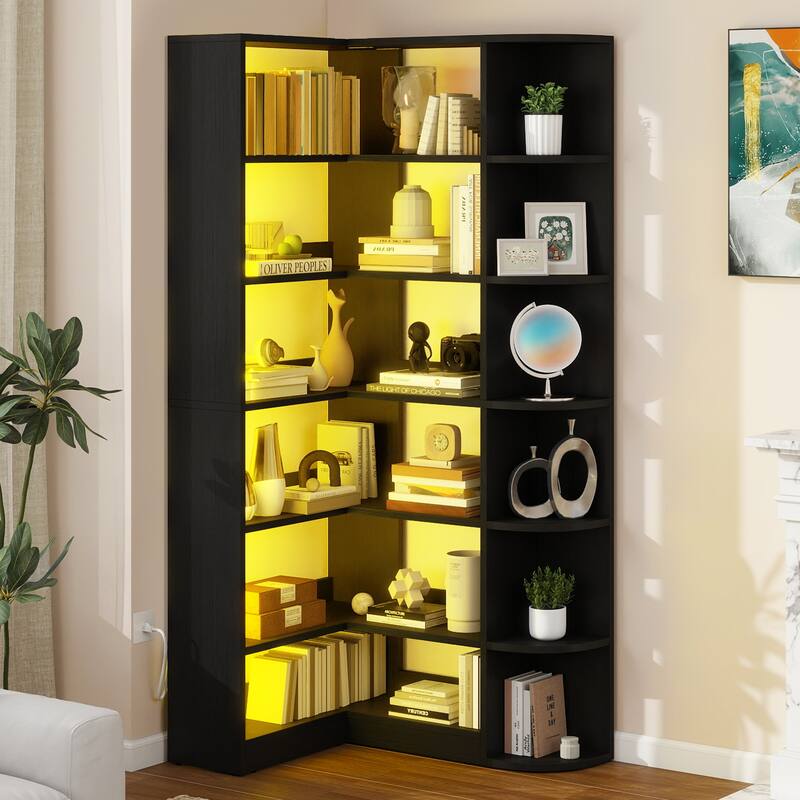 Moasis 70" Tall 6-Tier LED Corner Bookshelf L-Shaped Bookcase with Shelves for Living Room