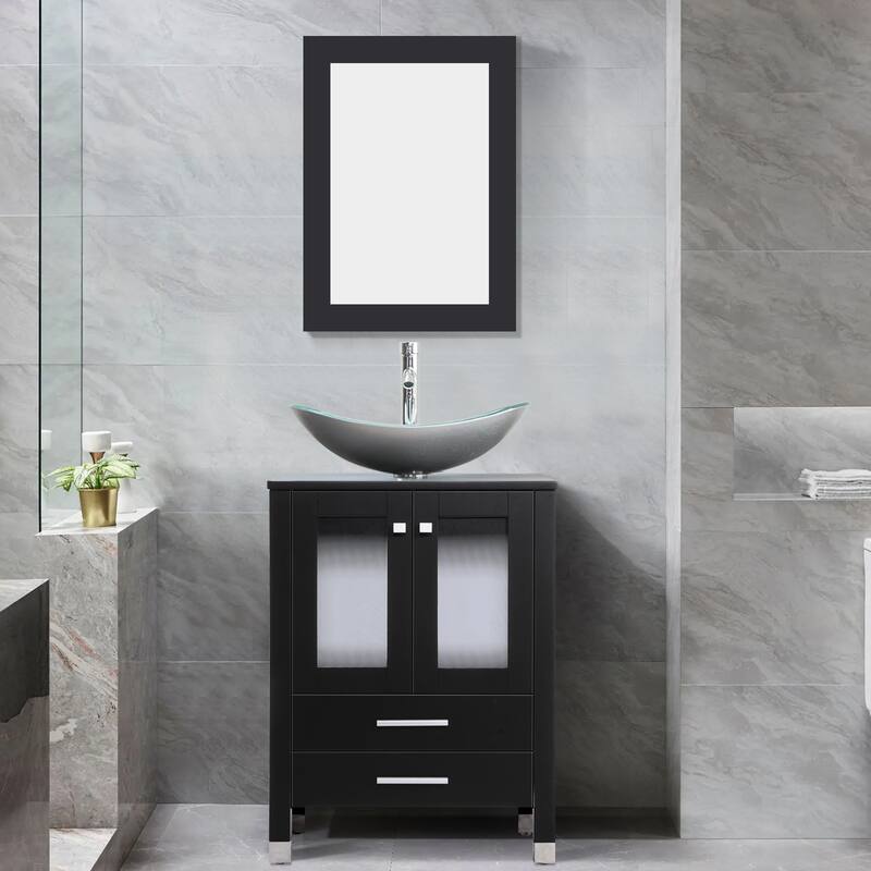 24" Bathroom Vanity with Sink Set Storage Cabinet Combo - Black - B-Glass silver boat sink