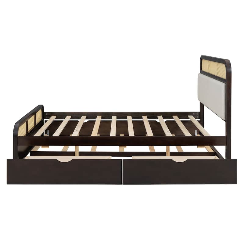 Boho Cane Wooden Platform Bed Queen Storage Bed with Wooden Headboard, Trundle and 2 Storage Drawers