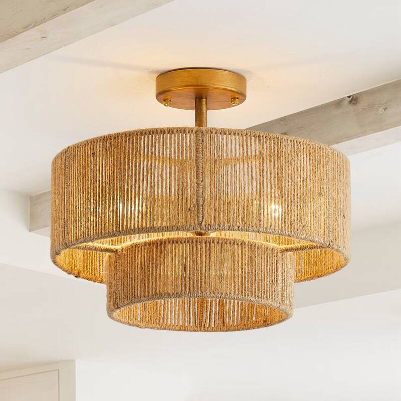 3-Light Coastal Jute Semi-Flush Mount Ceiling Light
