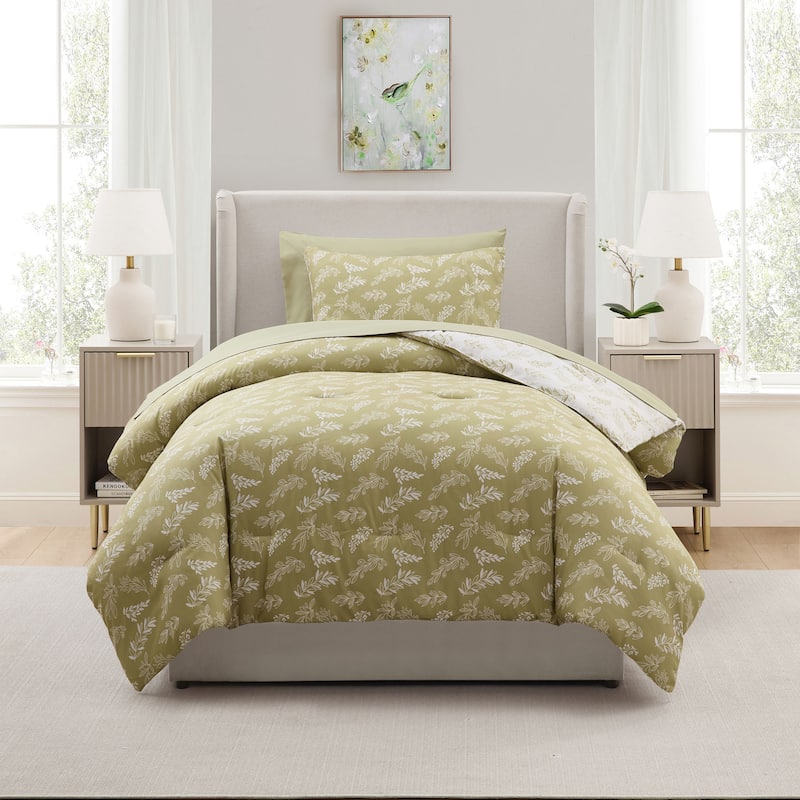 Empyrean 7 Pc Botanical Comforter Set with Sheets, Soft Breathable Lightweight Bedding Bag - Olive Grove/White - Twin XL