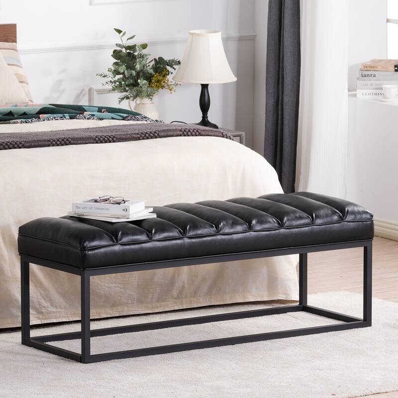 Black Leather Upholstered Bench End of Bed Bench for Bedroom, Indoor Bench Leisure Bench Footrest Ottoman