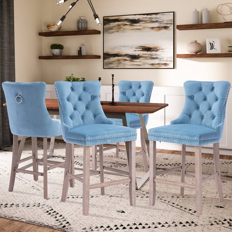 Contemporary Velvet Upholstered Counter Bar Stools Set of 4 - Light Blue