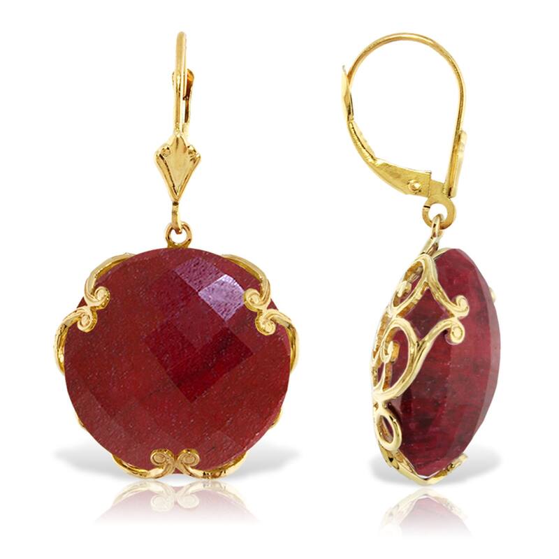 14K Solid Gold Gemstone Earrings w/ Checkerboard Cut Round Dyed Rubies - Yellow