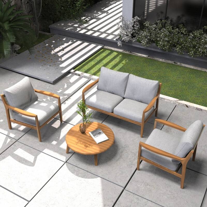Outdoor Acacia Wood Sofa Set with Removable Waterproof Cushions for Patio