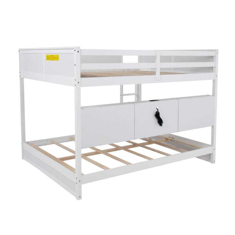 Bunk Bed with Built-in Storage Cabinets and Charging Station,Queen Over Queen