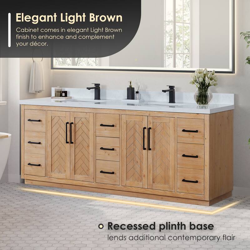 Anais Single Bathroom Vanity in Light Brown with Grain White Engineered Stone Countertop with Mirror