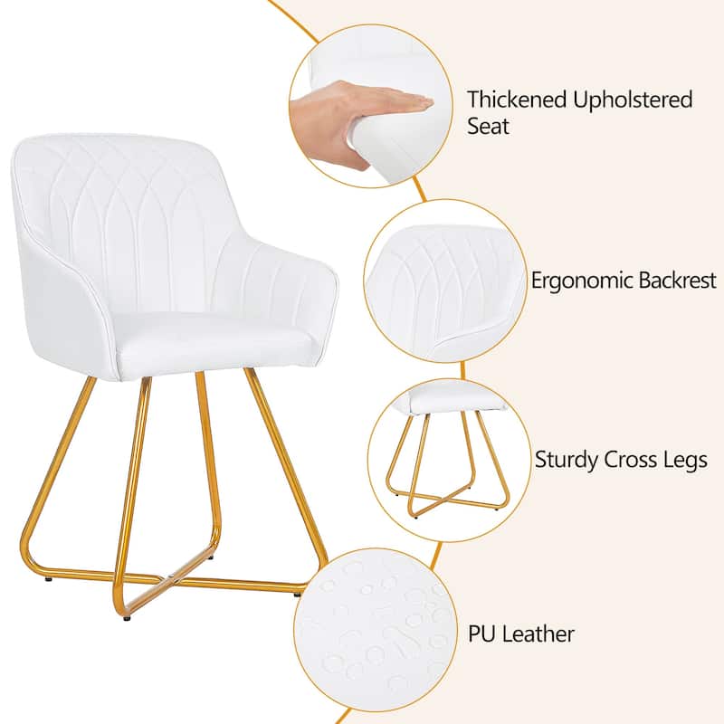 VECELO White Mid-Century Modern Accent Chair PU Leather Vanity Chair with Gold Cross Legs and Wide Armrests for Living Room