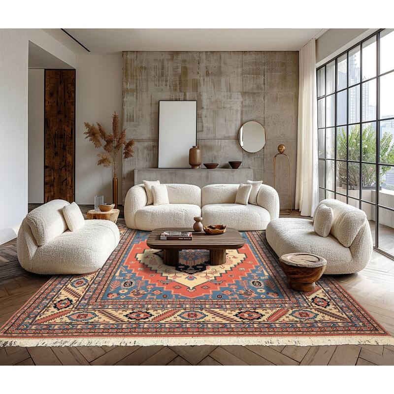 7'11''x10 Hand Knotted Wool Salmon Heriz Traditional Medallion Area Rug - 7' 11'' x 10' - 7' 11'' x 10'
