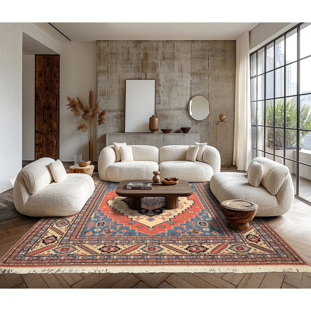 7'11''x10 Hand Knotted Wool Salmon Heriz Traditional Medallion Area Rug - 7' 11'' x 10'