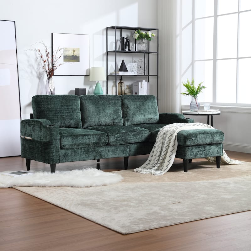 Chenille Deep Seat Couch with Chaise, L-shaped Sectional Sofa with Storage Ottoman, Cup Holders and Side Pockets for Living Room