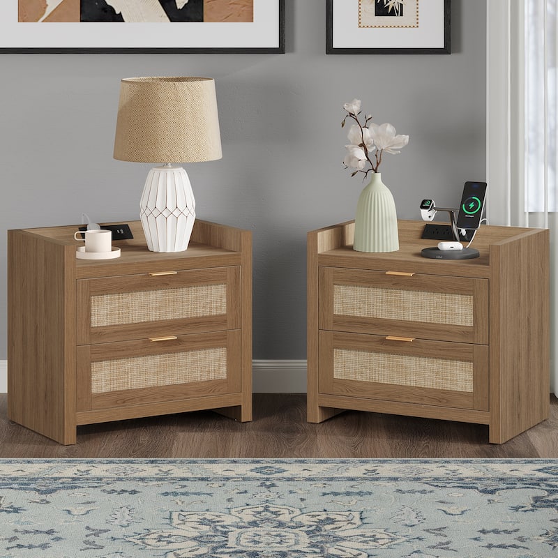 SICOTAS Farmhouse Set of 2 Nightstand with Charging Station and Drawers - Oak - 2-drawer