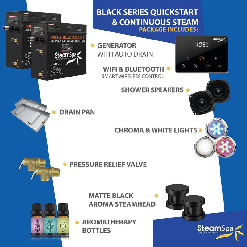Black Series Steam Bath Generator with Fully Wireless Remote, BLUETOOTH, WIFI, and Auto Drain - 15 KW