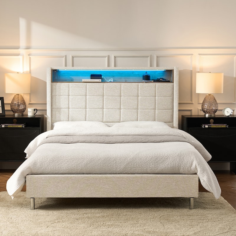 Celia Modern 61.5" Geometric Pattern Bed with Storage Headboard and Warm Night Light by HULALA HOME