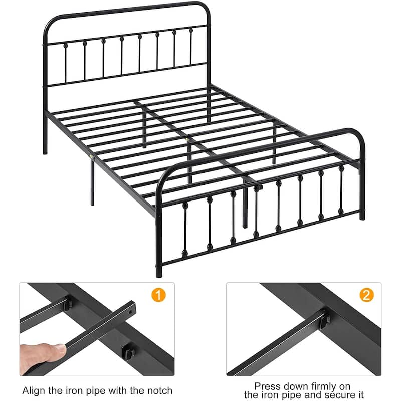 Black Metal Bed Frame with Vintage Headboard and Footboard,No Box Spring Needed,Premium Stable Steel Slat Support,Black