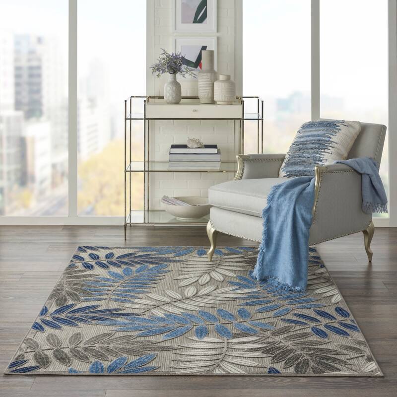 Nourison Aloha Leaf Print Vibrant Indoor/Outdoor Area Rug - 3'6" x 5'6" - Grey/Blue