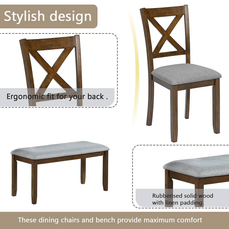 6 Pieces Dining Table Set, 6 Person Kitchen Table Chairs Set with Rectangular Table, 4 Upholstered Chairs and 1 Bench