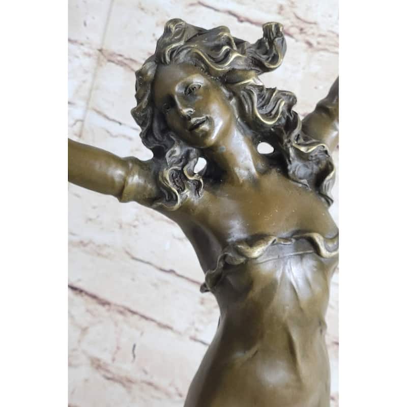 Tambourine Dancer Girl Bronze Sculpture Statue Figure On Marble Base
