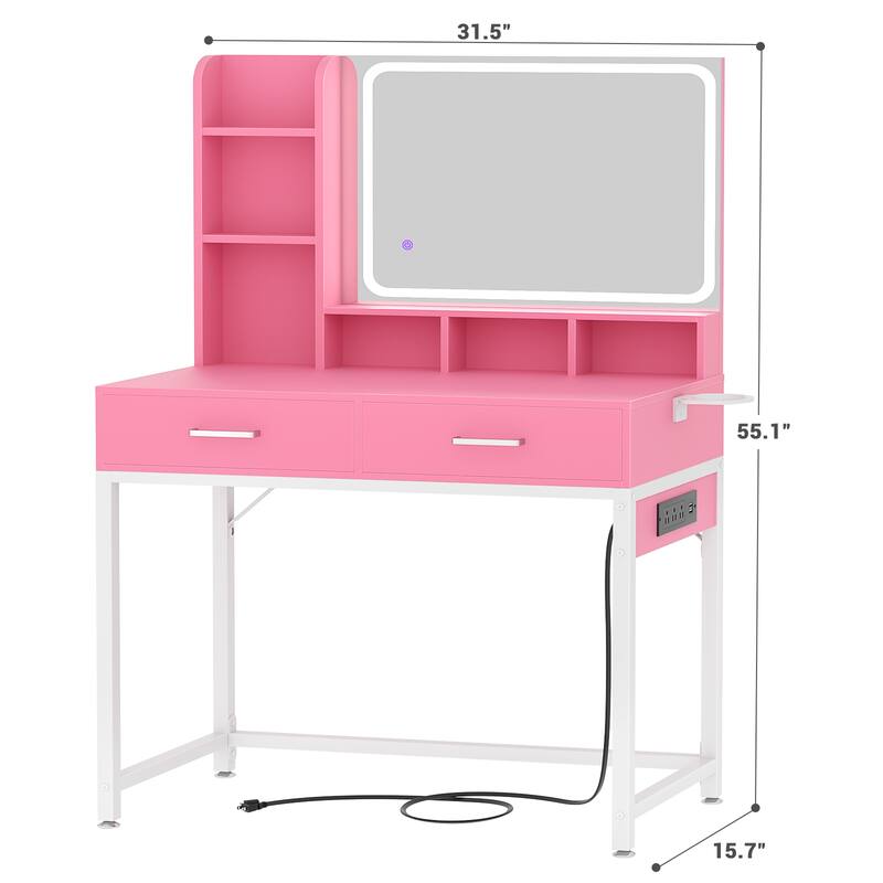 Makeup Vanity Desk with Drawers and Adjustable Lighting Mirror, Vanity Table with Charging Station and Shelves