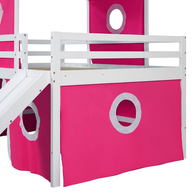 Pink Full Size Solid Wood Loft House Bed with Slide Tent, Tower, Ladder, and Fence Baffle for Bedroom