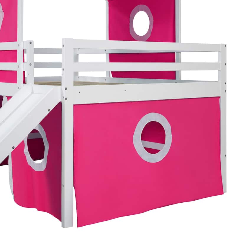 Twin/Full Size Loft Bed with Slide,Solid Wood Playhouse Bed Frame with Tent and Tower Design
