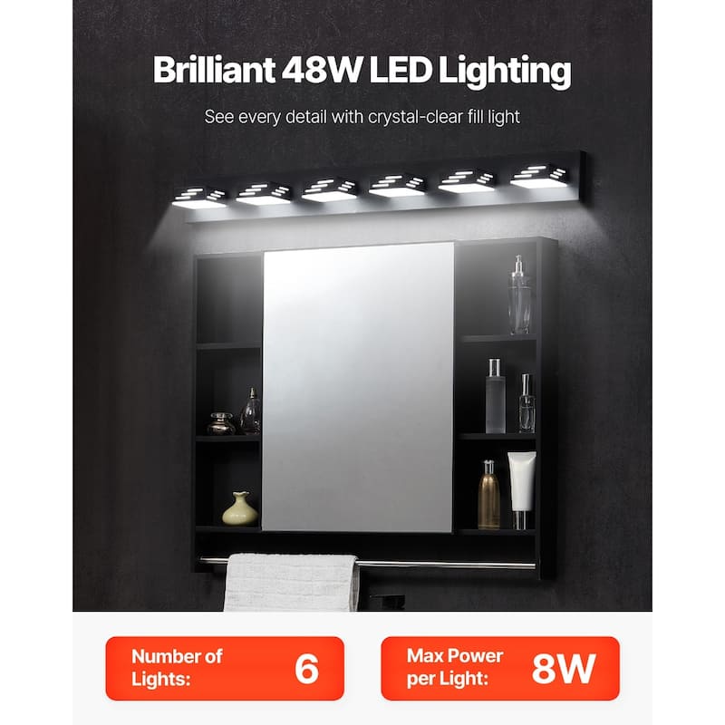 Modern Wall Mount Black Bathroom Vanity LED Light Fixture with 6 Rotatable Heads - N/A