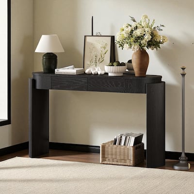 Rustic Oval Console Table with Fluted Design, 55" Entryway Accent Table with 2 Drawers and Curved Legs