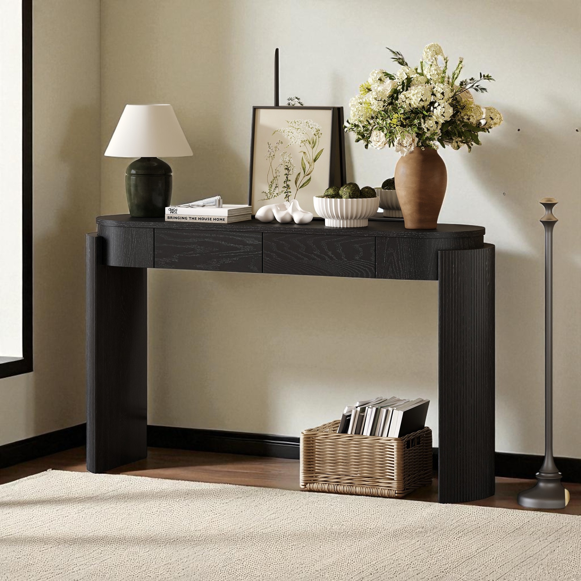 Rustic Oval Console Table with Fluted Design, 55" Entryway Accent Table with 2 Drawers and Curved Legs