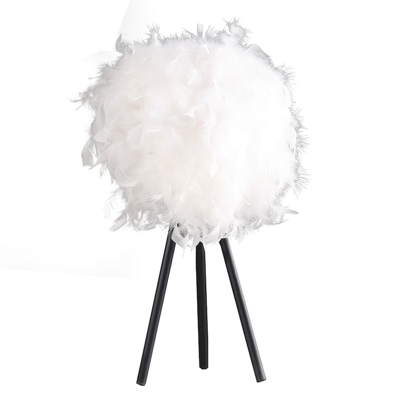 Rio 21 Inch Accent Table Lamp, White Feather Shade, Black Metal Tripod Base