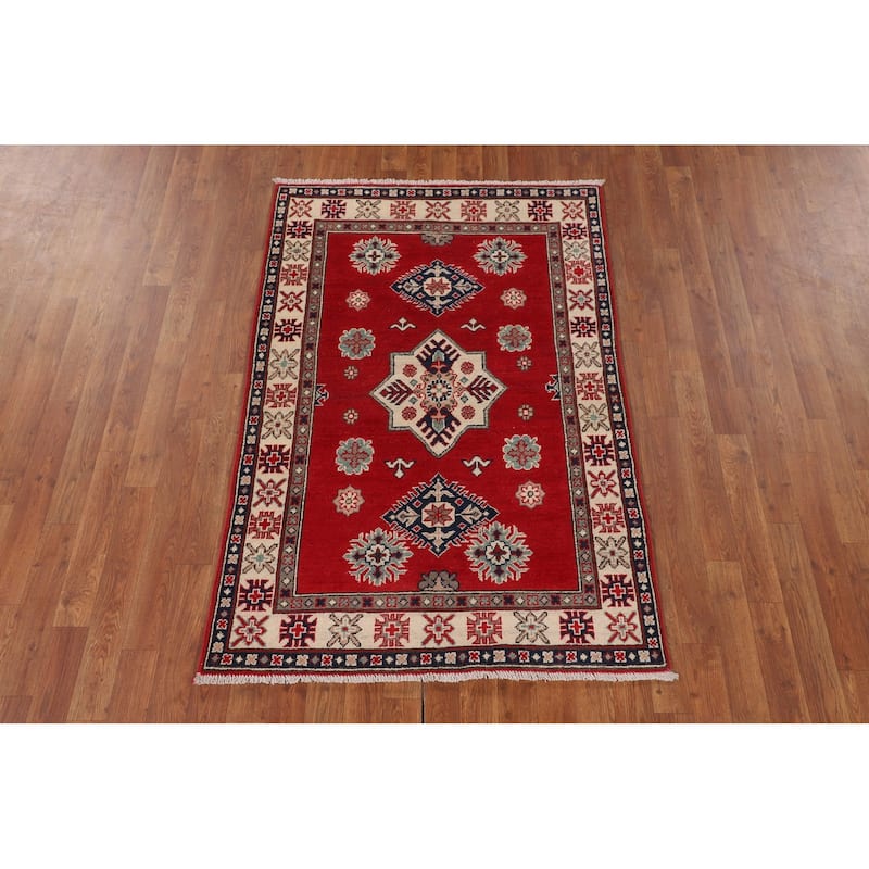 Kazak Accent Rug Hand-Knotted Red Geometric Wool Carpet - 3'4" x 5'0"