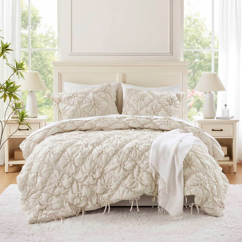 Rossetta 3-Piece Full/Queen Extured Floral Cozy Puffy Design Comforter Set - Ivory