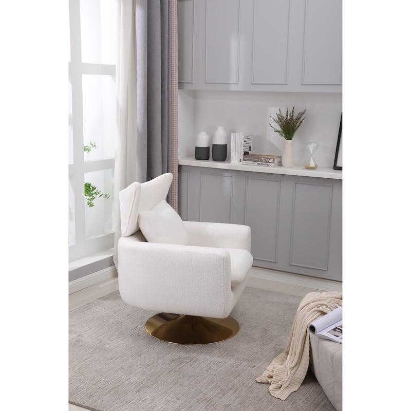 White Modern 29.9" Upholstered 360° Swivel Accent Chair with Iron Base and Pillow