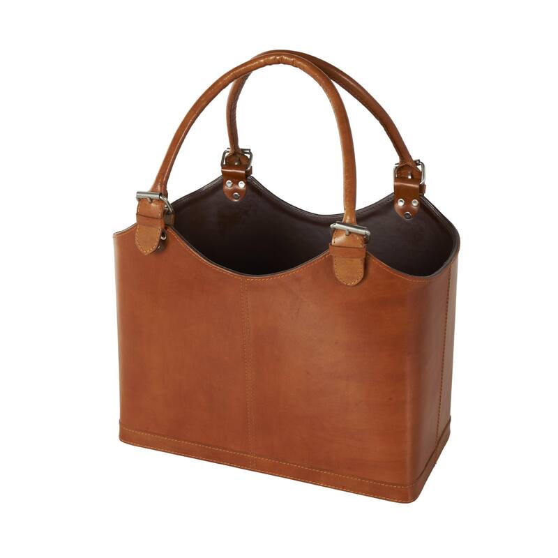 Brown or Black Leather Handmade Box Style Single Slot Decorative Magazine Holder with Detail Stitching and Curved Buckle Handles