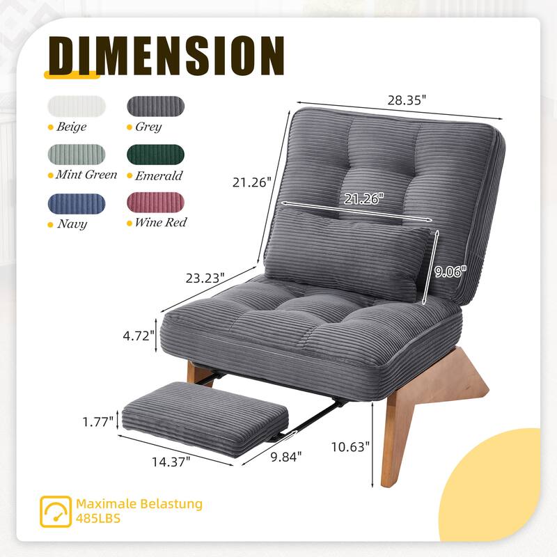 HOMEFUN Upholstered Modern Multi-Position Adjustable Wooden Base Lounge Chair with Footrest and Lumbar Pillow
