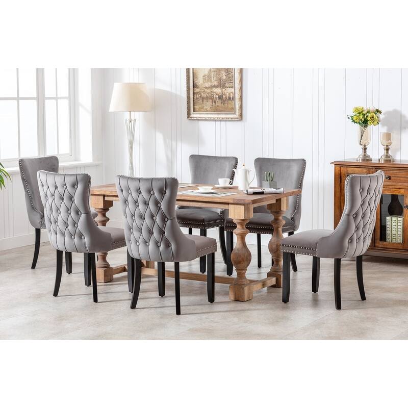 Velvet Upholstered Dining Chair with Wing Back Modern Kitchen Chair with Nailhead Trim Wood Frame Side Chair, Set of 2